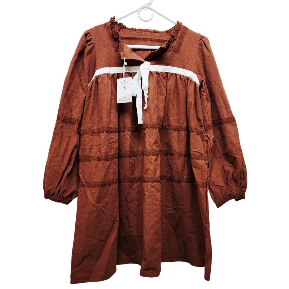 Vintage-Inspired Brown Long Sleeve Dress White Ribbon & Lace Trim Detail  Size S